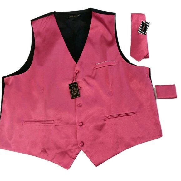 DiBanGu Vest Tie Pocket Square Set Mens XXXL Pink Satin Formal - Picture 1 of 13